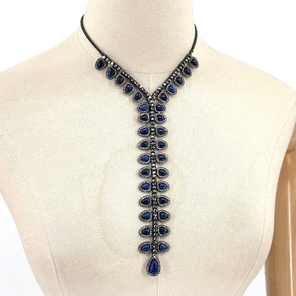 Lucky Brand Blue Gunmetal Resin Boho Glam Pave Halo Drop Y-Necklace